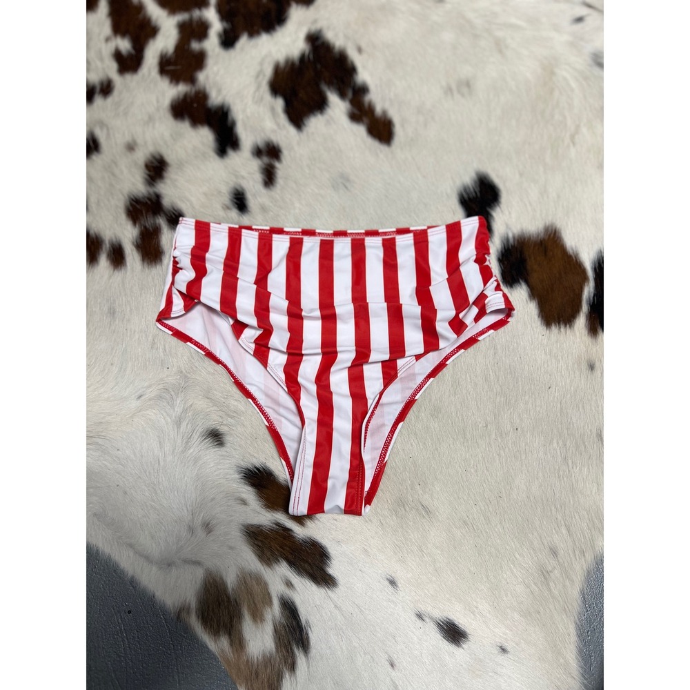 SHEIN Red White Striped High Waisted Bikini Bottom Ruched Front Size Large‎